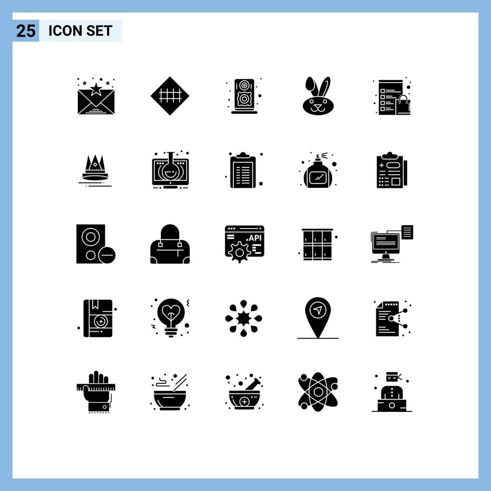 Group of 25 Solid Glyphs Signs and Symbols for shop clipboard audio check list easter Editable Vector Design Elements