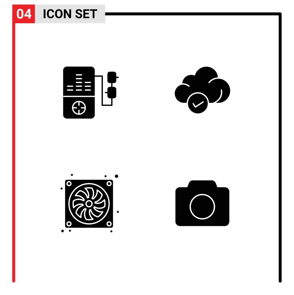 Group of 4 Solid Glyphs Signs and Symbols for music fan cloud technology camera Editable Vector Design Elements