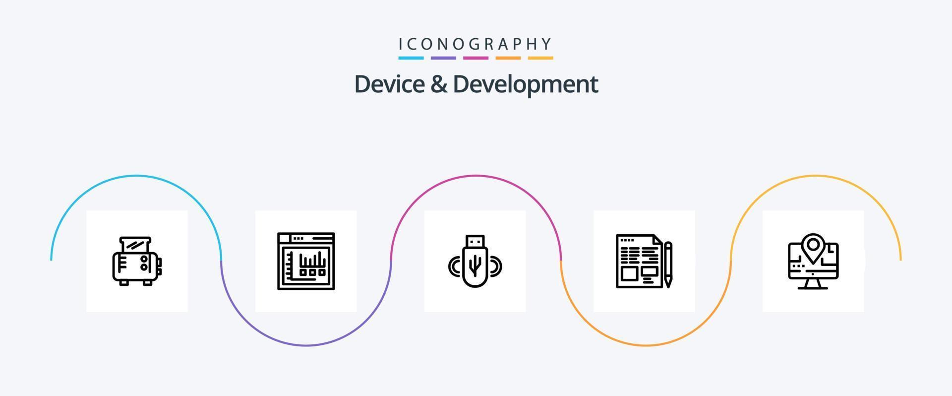 dispositivo y paquete de iconos de la línea de desarrollo 5 que incluye la ubicación. computadora . compartir . educación. texto vector