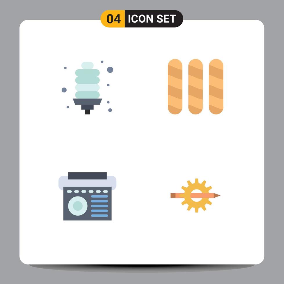 conjunto de 4 iconos planos vectoriales en cuadrícula para elementos de diseño vectorial editables de contenido de pan de energía de música de bulbo vector