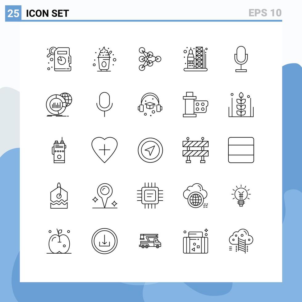 Modern Set of 25 Lines and symbols such as microphone broadcast algorithm audio transportation Editable Vector Design Elements