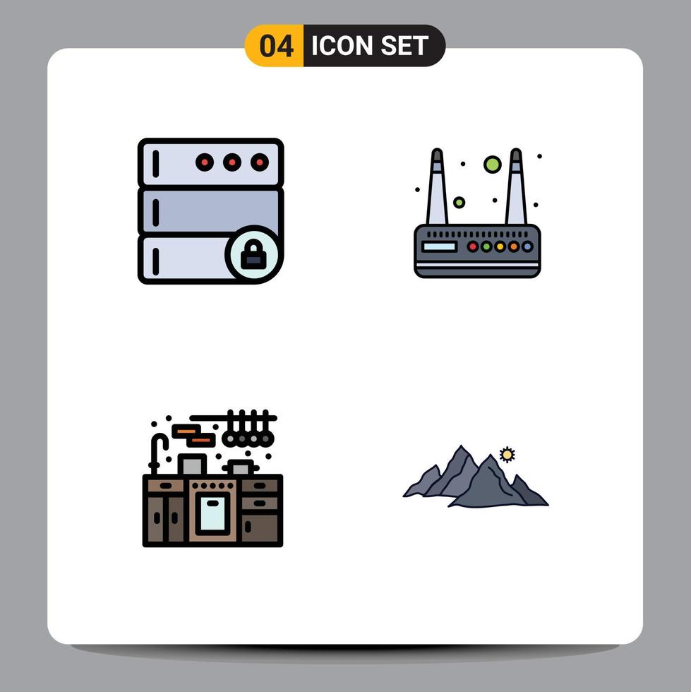 conjunto moderno de 4 pictogramas de colores planos de línea de relleno de elementos de diseño vectorial editables de la colina del gabinete del módem de montaña de la base de datos vector