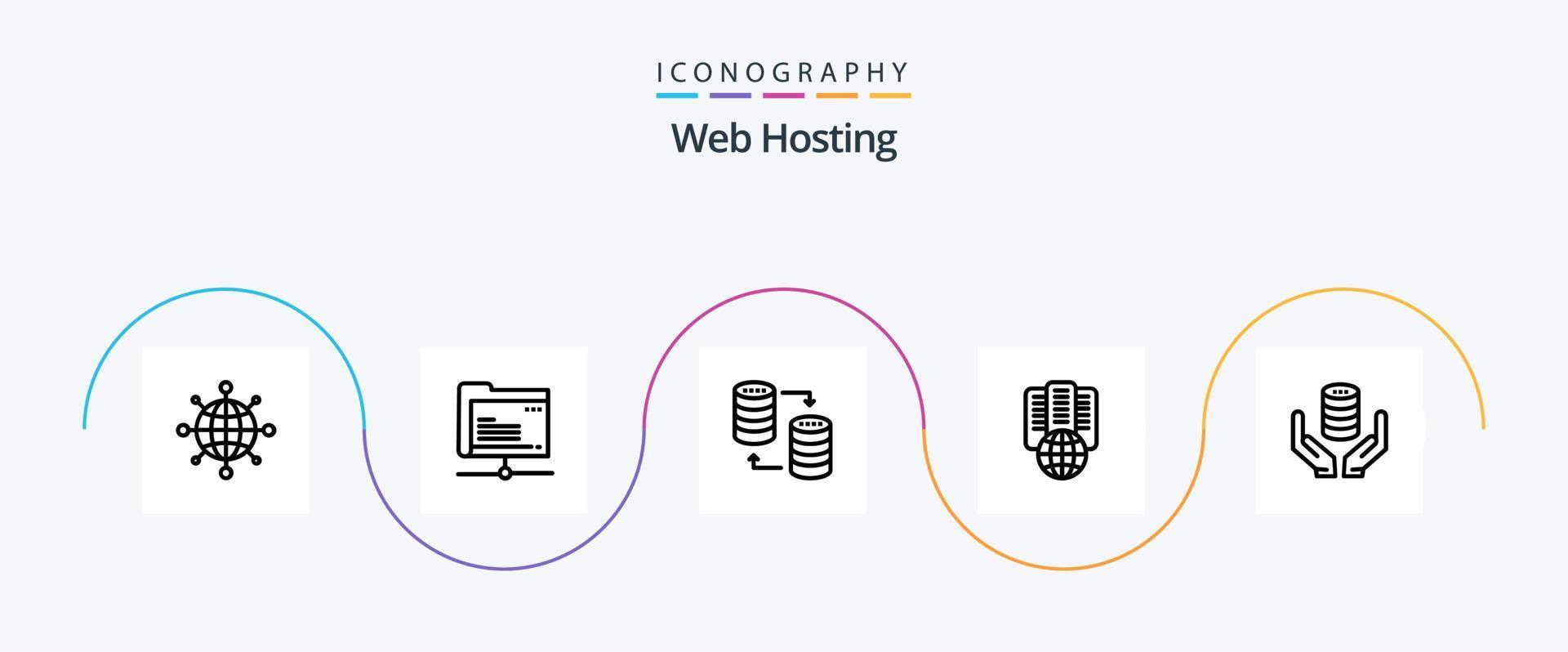 paquete de iconos de la línea 5 de alojamiento web que incluye Internet. almacenamiento. compartir. sql vector