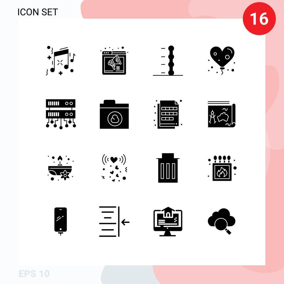Pictogram Set of 16 Simple Solid Glyphs of cloud shared server auto database server heart Editable Vector Design Elements