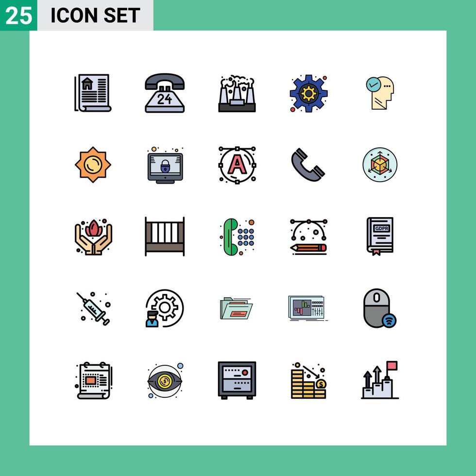 25 Filled line Flat Color concept for Websites Mobile and Apps solution mind factory settings business Editable Vector Design Elements