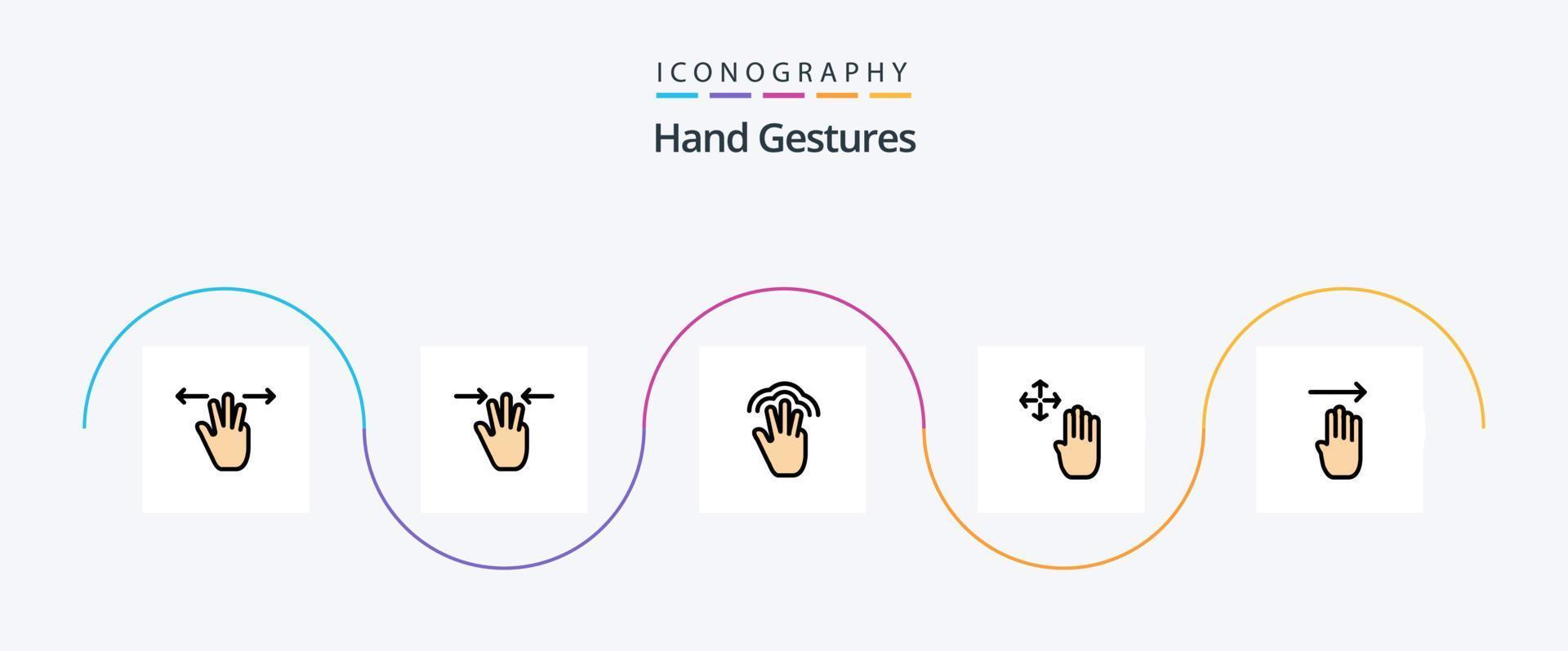 la línea de gestos con las manos llenó el paquete de iconos planos 5 que incluye. gesto. toque múltiple. cuatro sostener vector