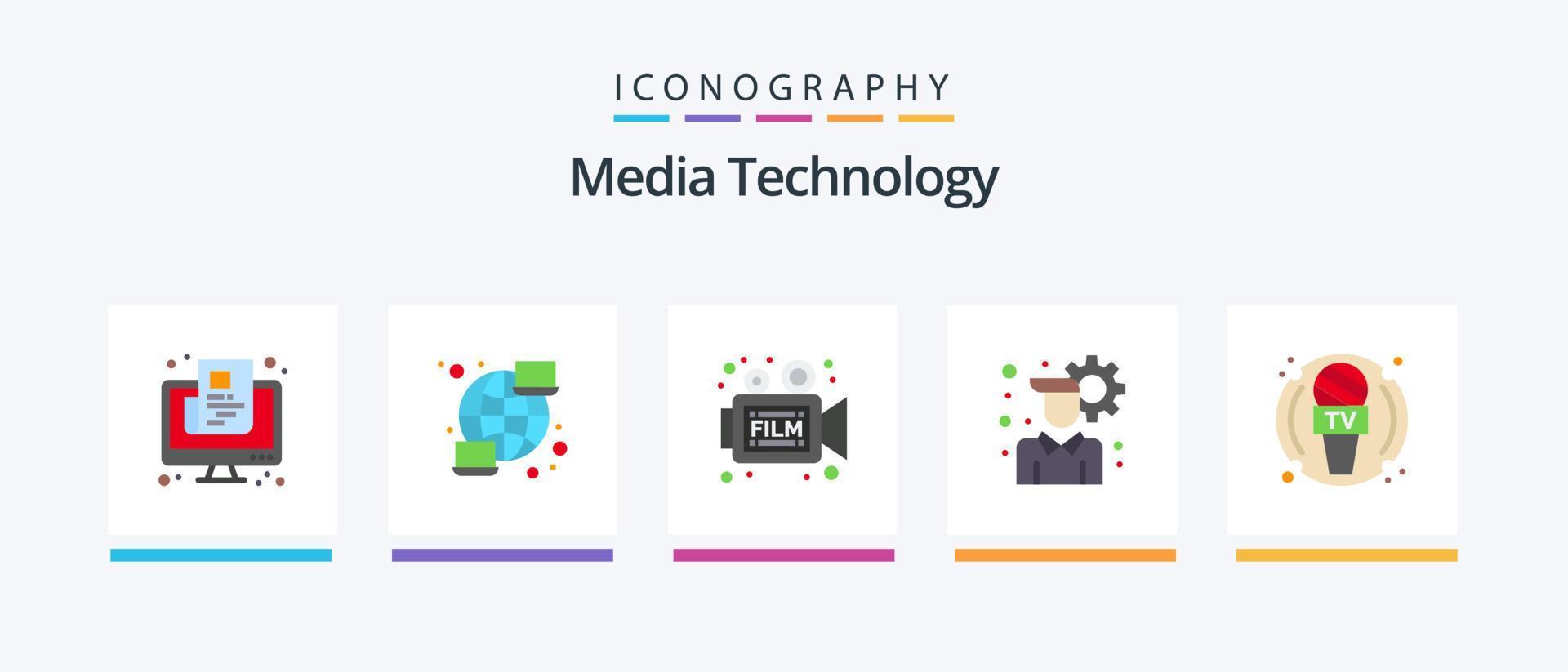 Media Technology Flat 5 Icon Pack Including device. configuration. streamline. account. retro. Creative Icons Design vector