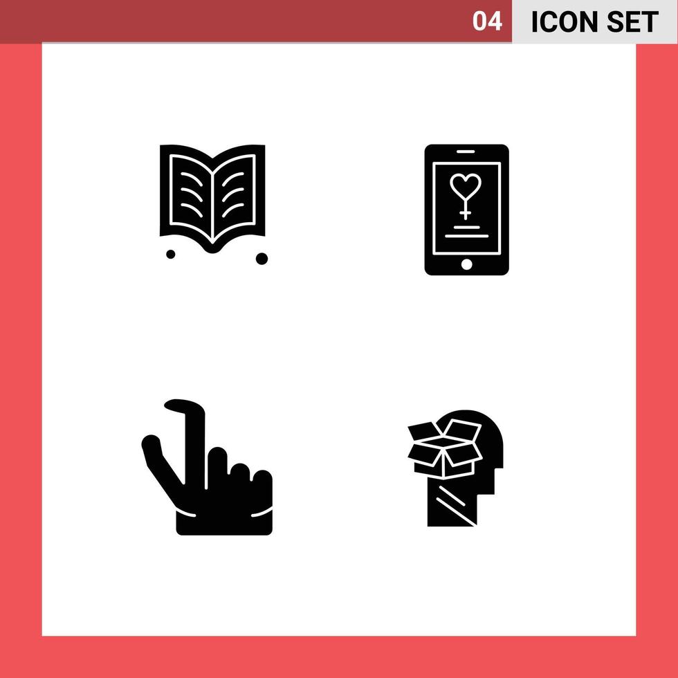 Group of 4 Solid Glyphs Signs and Symbols for reading pinch reading love box Editable Vector Design Elements