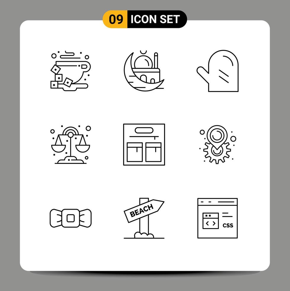 Group of 9 Outlines Signs and Symbols for fashion science muslim libra meal Editable Vector Design Elements