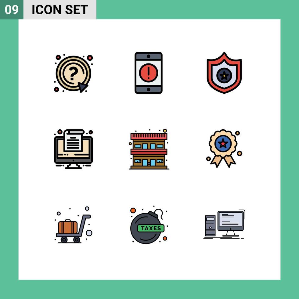 9 User Interface Filledline Flat Color Pack of modern Signs and Symbols of motel motel phone office computer Editable Vector Design Elements