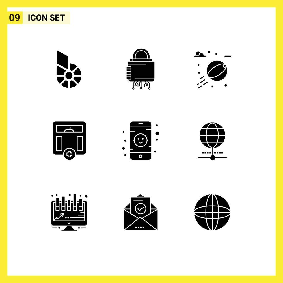 Universal Icon Symbols Group of 9 Modern Solid Glyphs of monitor weight secure medical body Editable Vector Design Elements