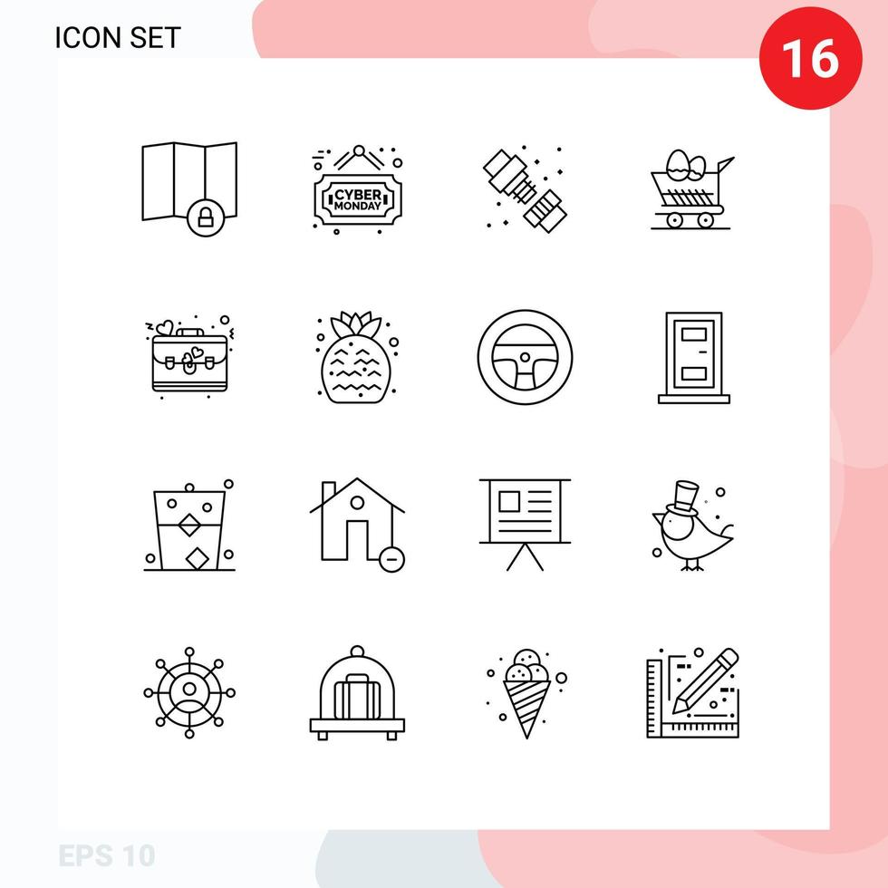 Pack of 16 Modern Outlines Signs and Symbols for Web Print Media such as love briefcase plumber bag easter Editable Vector Design Elements