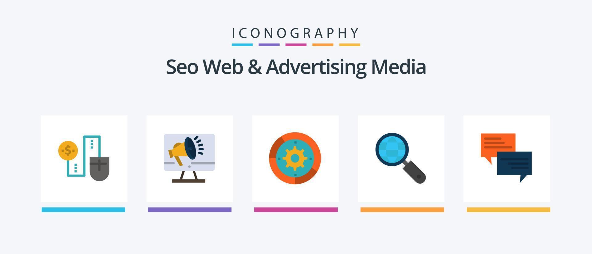 Seo Web And Advertising Media Flat 5 Icon Pack Including search. globe. speaker. process. setup. Creative Icons Design vector