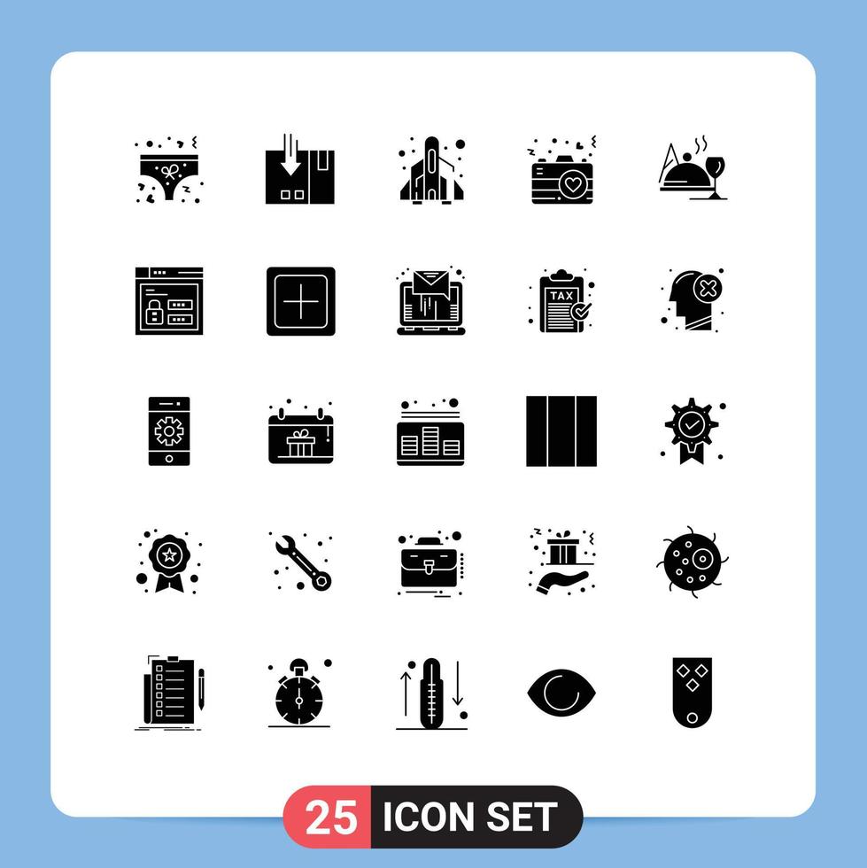 Set of 25 Vector Solid Glyphs on Grid for hotel love service heart play Editable Vector Design Elements