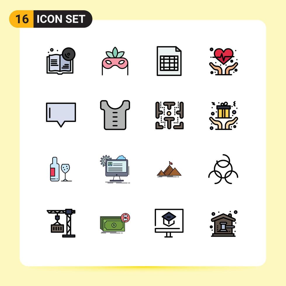 Group of 16 Flat Color Filled Lines Signs and Symbols for clothes talk excel message heart health Editable Creative Vector Design Elements