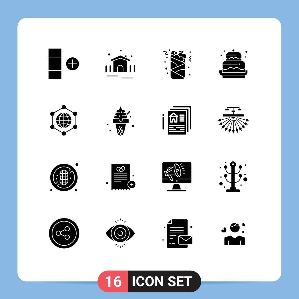 Mobile Interface Solid Glyph Set of 16 Pictograms of globe eid drink decoration cake Editable Vector Design Elements