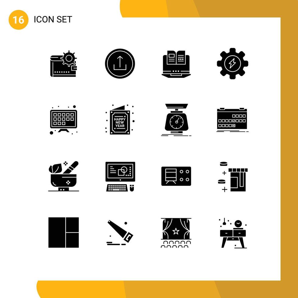 16 User Interface Solid Glyph Pack of modern Signs and Symbols of gear hardware basic book laptop Editable Vector Design Elements