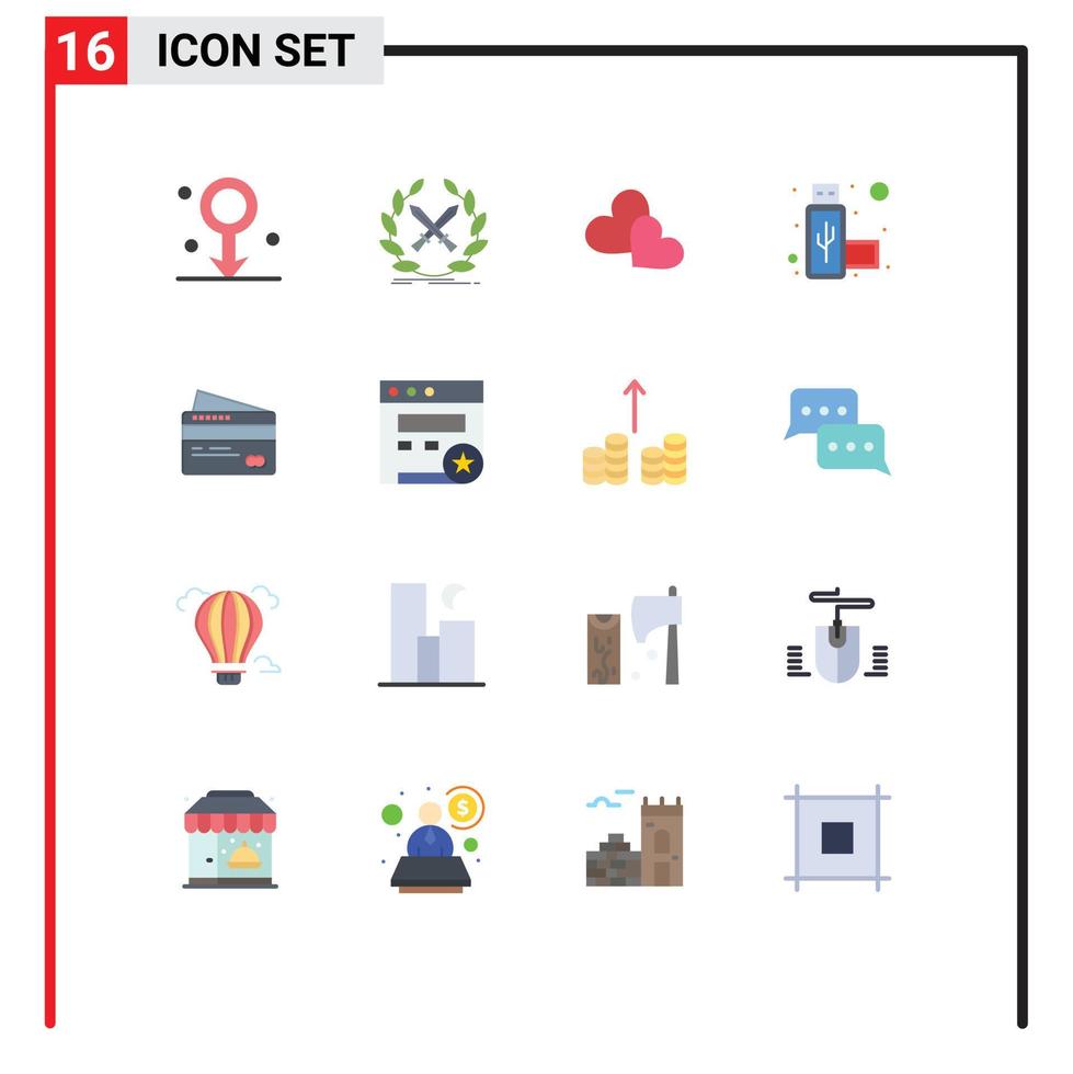 Flat Color Pack of 16 Universal Symbols of credit usb swords port wedding Editable Pack of Creative Vector Design Elements