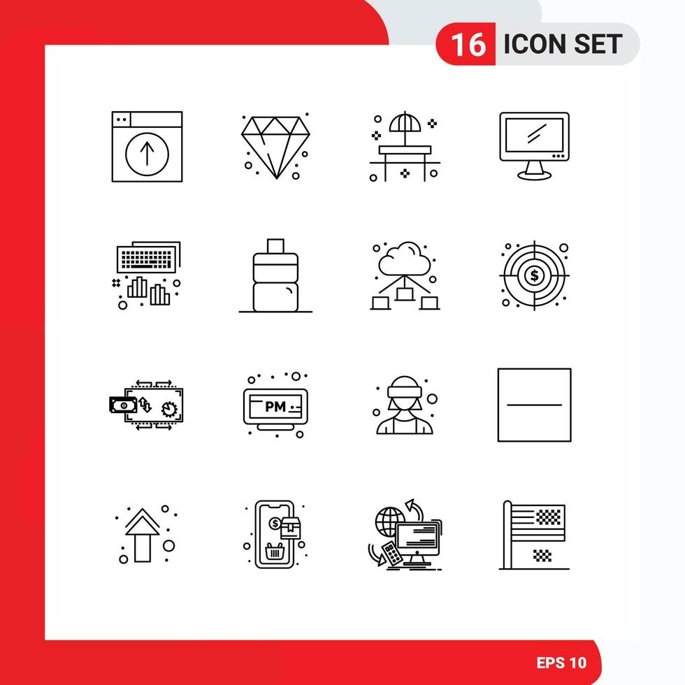 16 Thematic Vector Outlines and Editable Symbols of pc device beach monitor table Editable Vector Design Elements