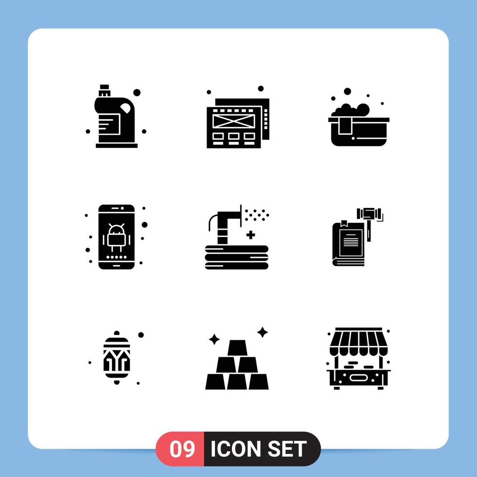 Mobile Interface Solid Glyph Set of 9 Pictograms of hose flush hot bath phone application Editable Vector Design Elements