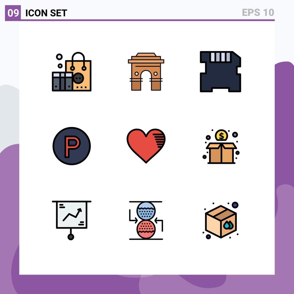 Group of 9 Modern Filledline Flat Colors Set for heart camping indian transport memory Editable Vector Design Elements