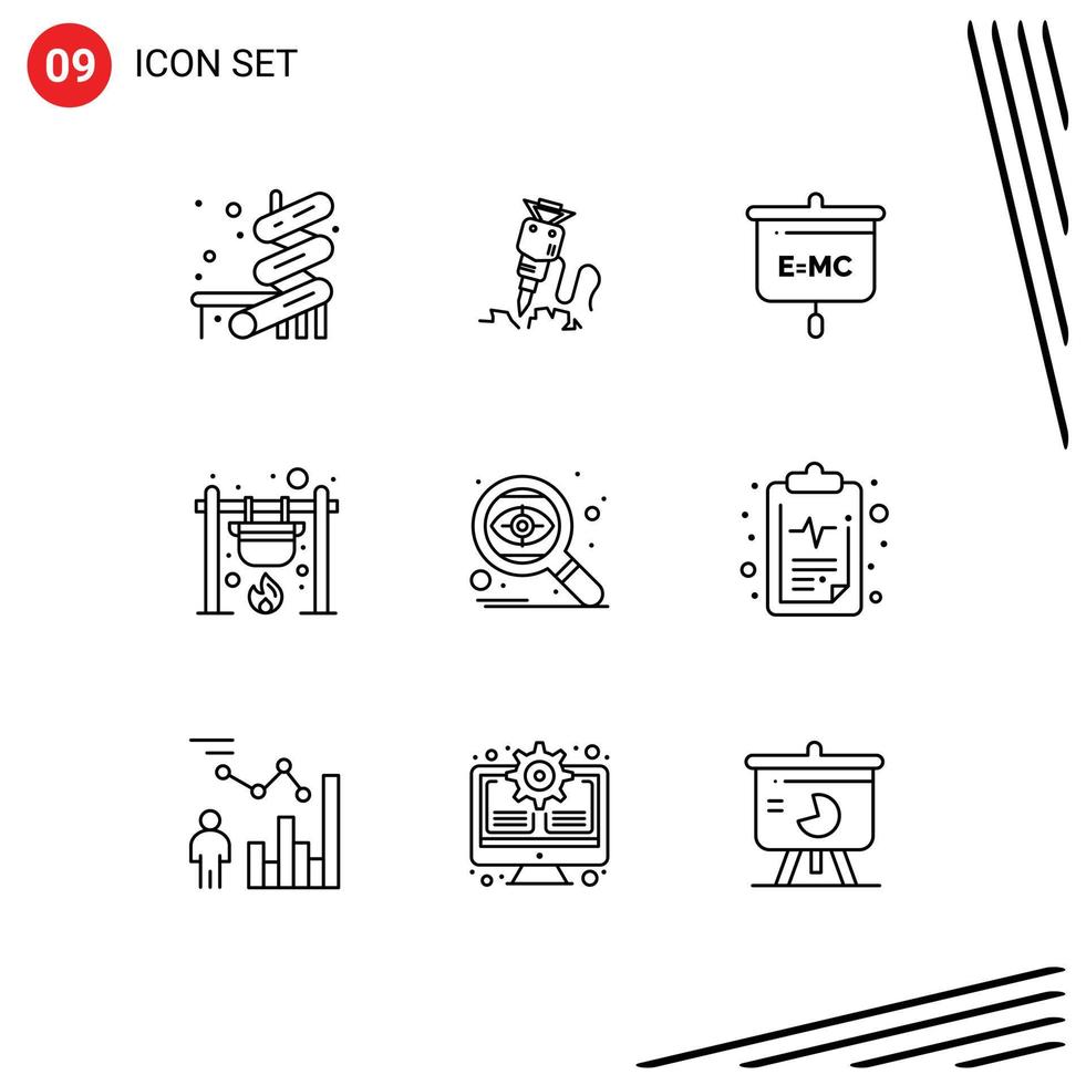 User Interface Pack of 9 Basic Outlines of search cook formula camping bonfire Editable Vector Design Elements