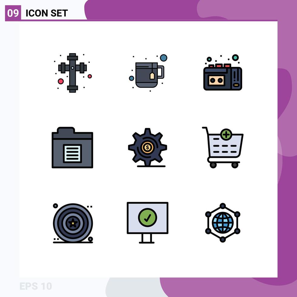 Modern Set of 9 Filledline Flat Colors and symbols such as add setting vhs tape money business Editable Vector Design Elements