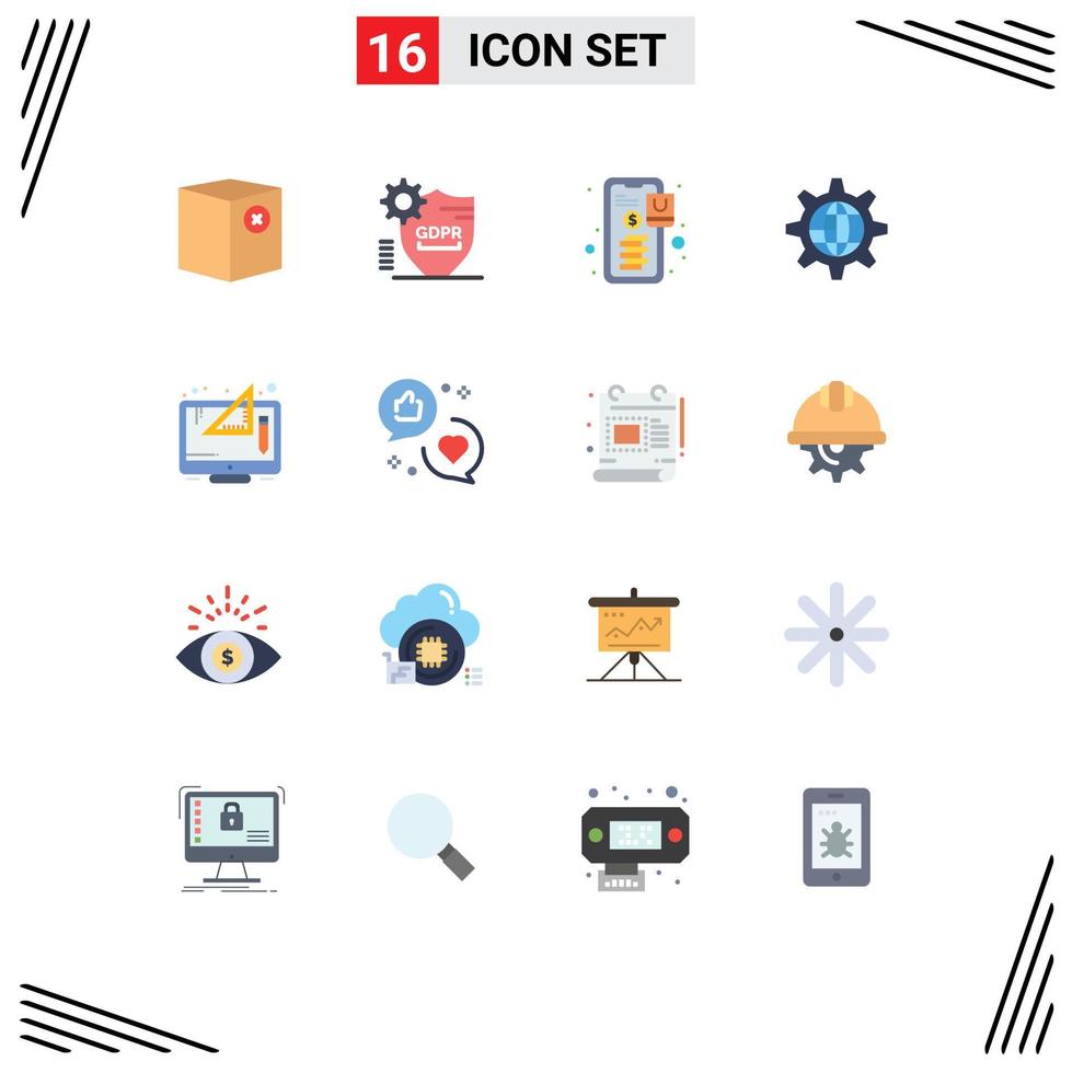 conjunto moderno de 16 colores planos y símbolos como globo de engranajes paquete editable de pago global seguro de elementos de diseño de vectores creativos