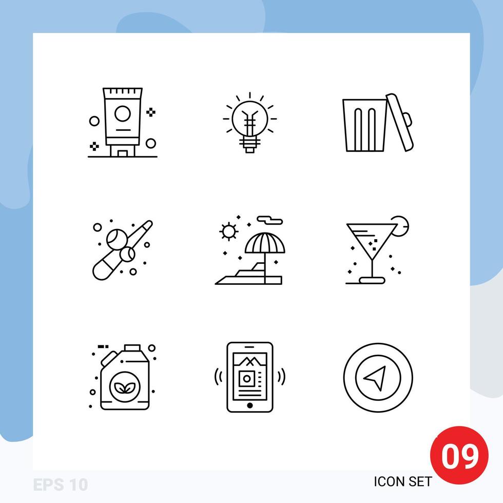 Set of 9 Vector Outlines on Grid for beach game light fun trash Editable Vector Design Elements