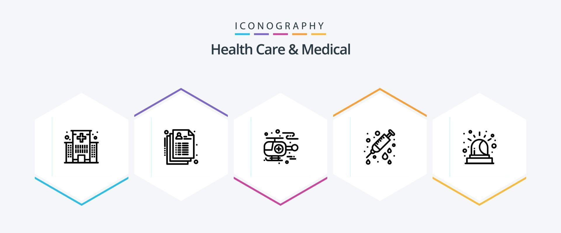 Health Care And Medical 25 Line icon pack including emergency. needle. record. hospital. care vector