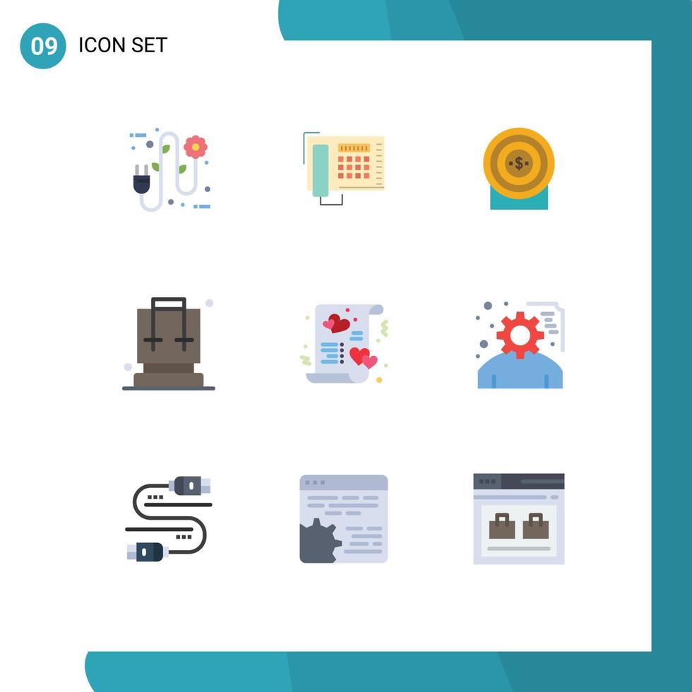 Universal Icon Symbols Group of 9 Modern Flat Colors of heart travel target camping backpack Editable Vector Design Elements