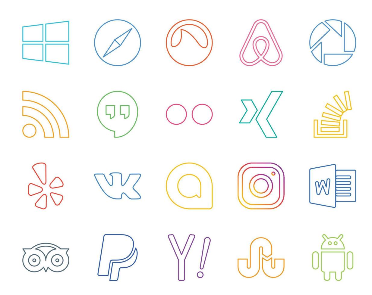 paquete de 20 íconos de redes sociales que incluye instagram vk flickr yelp stock vector