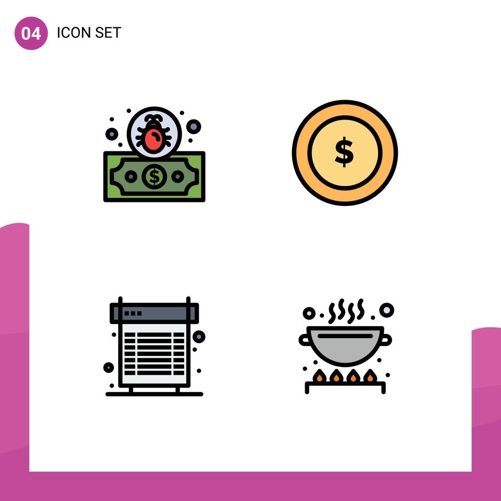 Filledline Flat Color Pack of 4 Universal Symbols of dollar heat coin computer cook Editable Vector Design Elements