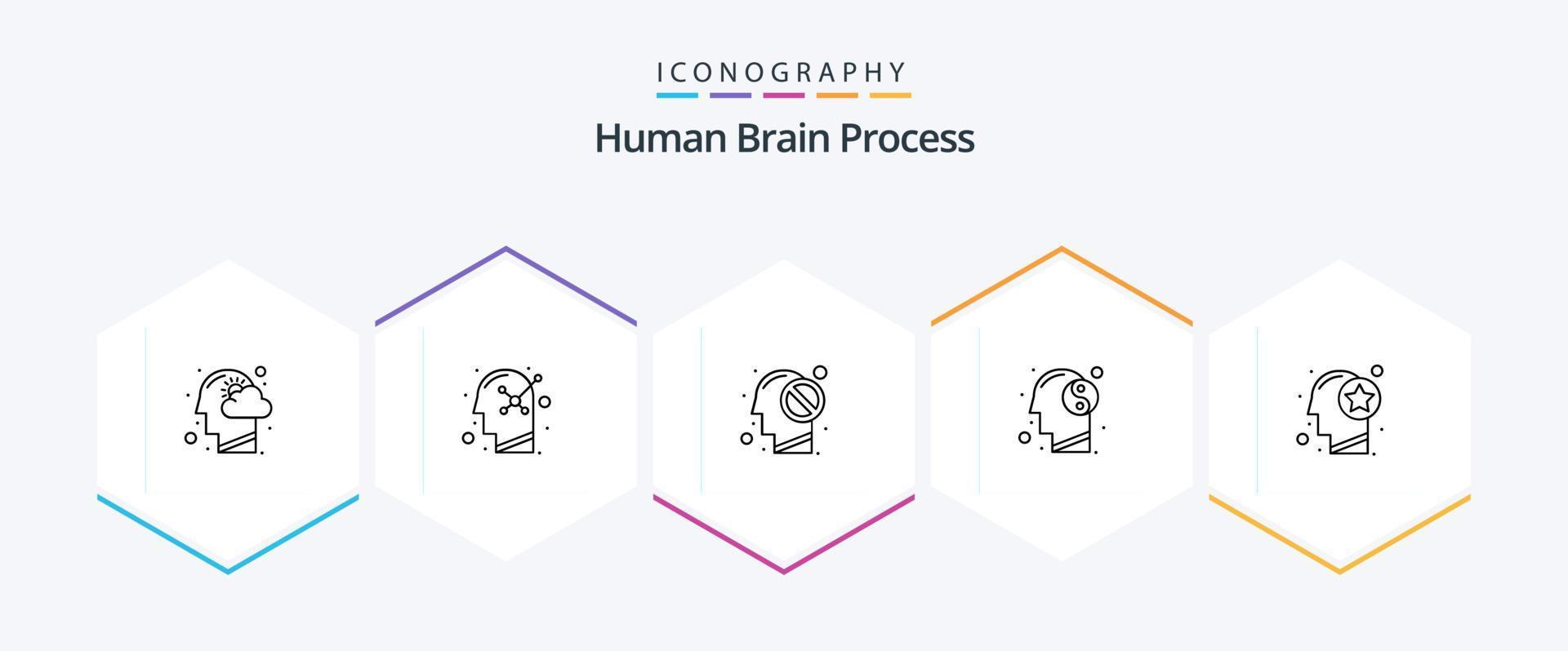 Human Brain Process 25 Line icon pack including head. relax. human mind. meditation. forbidden vector