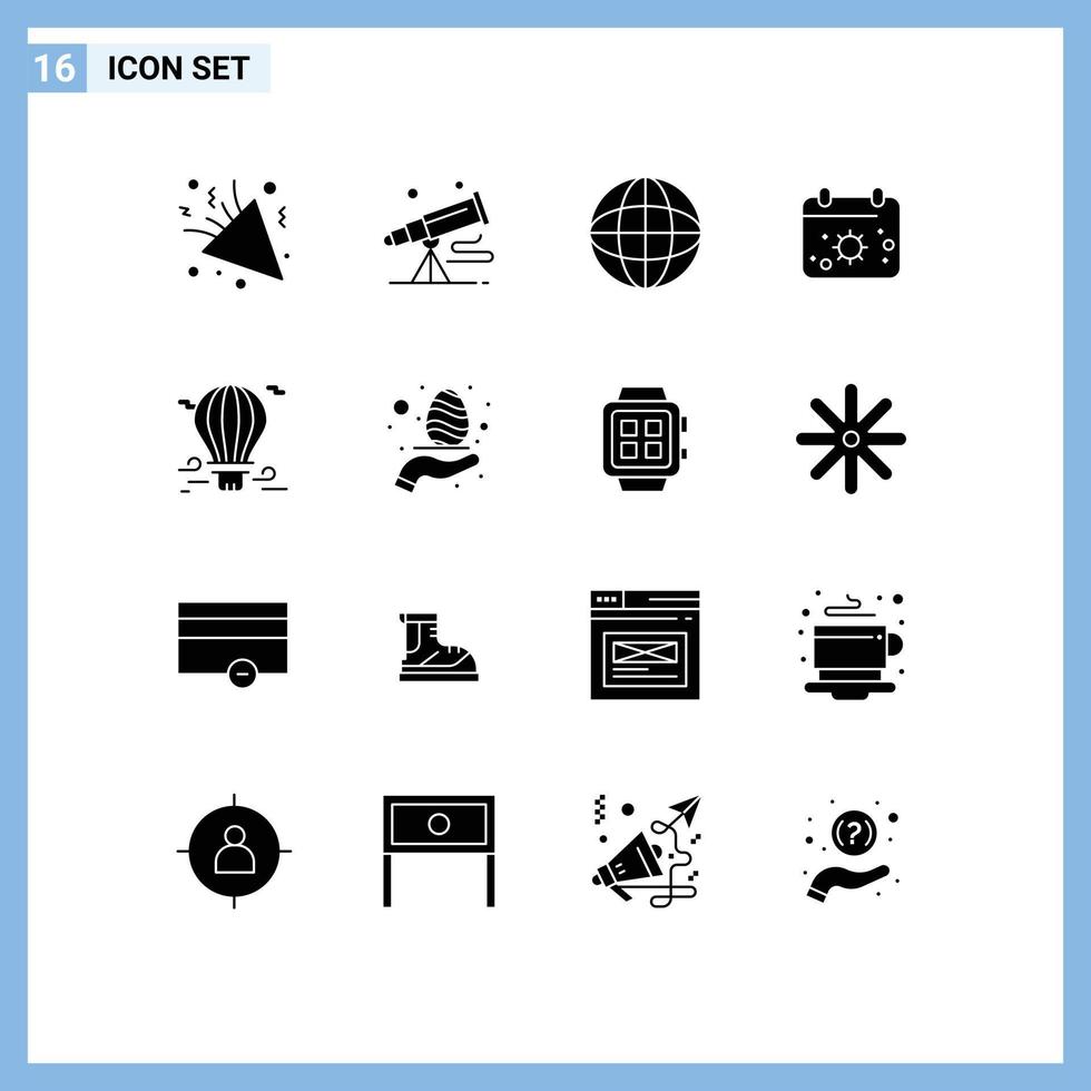 Solid Glyph Pack of 16 Universal Symbols of balloon date astronomy calender search Editable Vector Design Elements