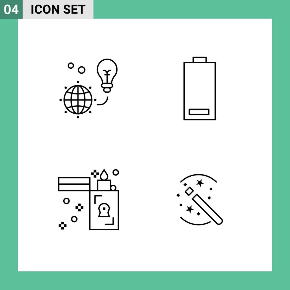 Set of 4 Modern UI Icons Symbols Signs for protection low light bulb electric flame Editable Vector Design Elements