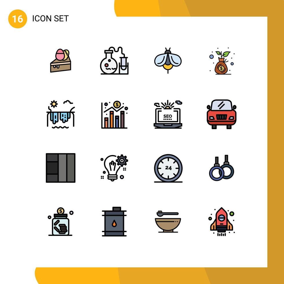 Set of 16 Vector Flat Color Filled Lines on Grid for river money bag bee investment budget Editable Creative Vector Design Elements