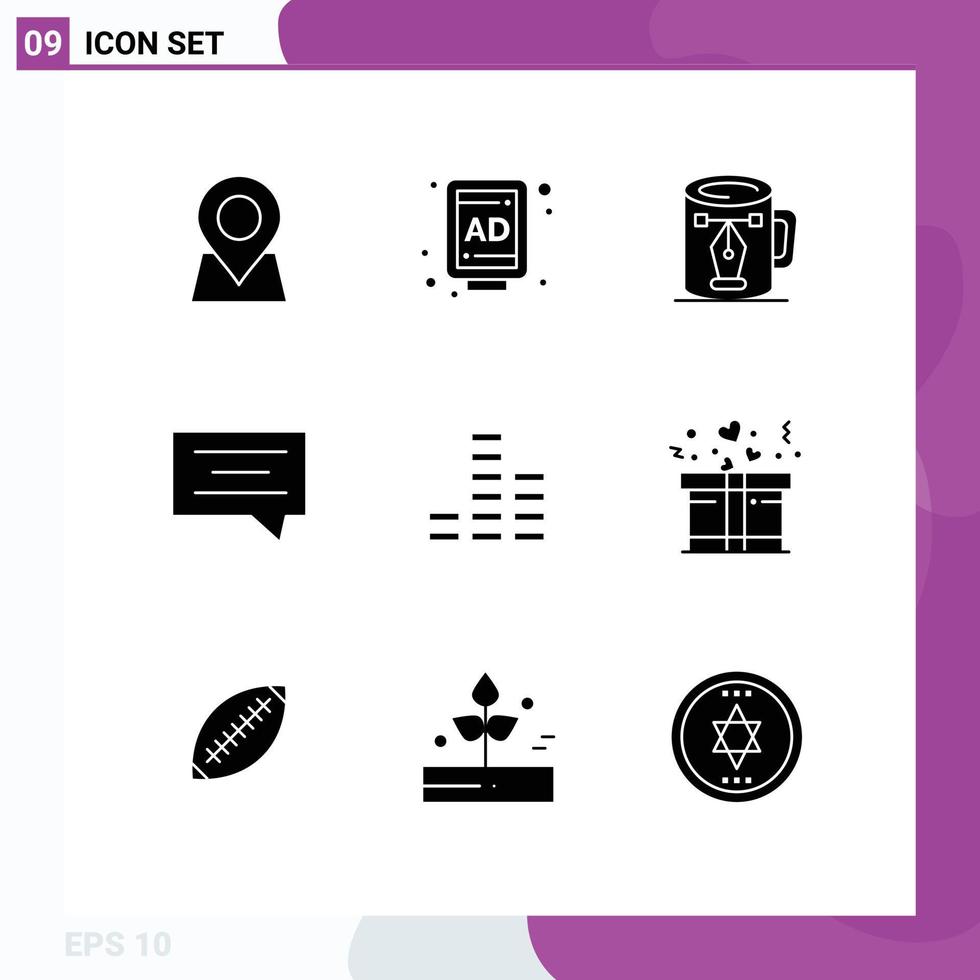 Mobile Interface Solid Glyph Set of 9 Pictograms of multimedia music cup message bubble Editable Vector Design Elements