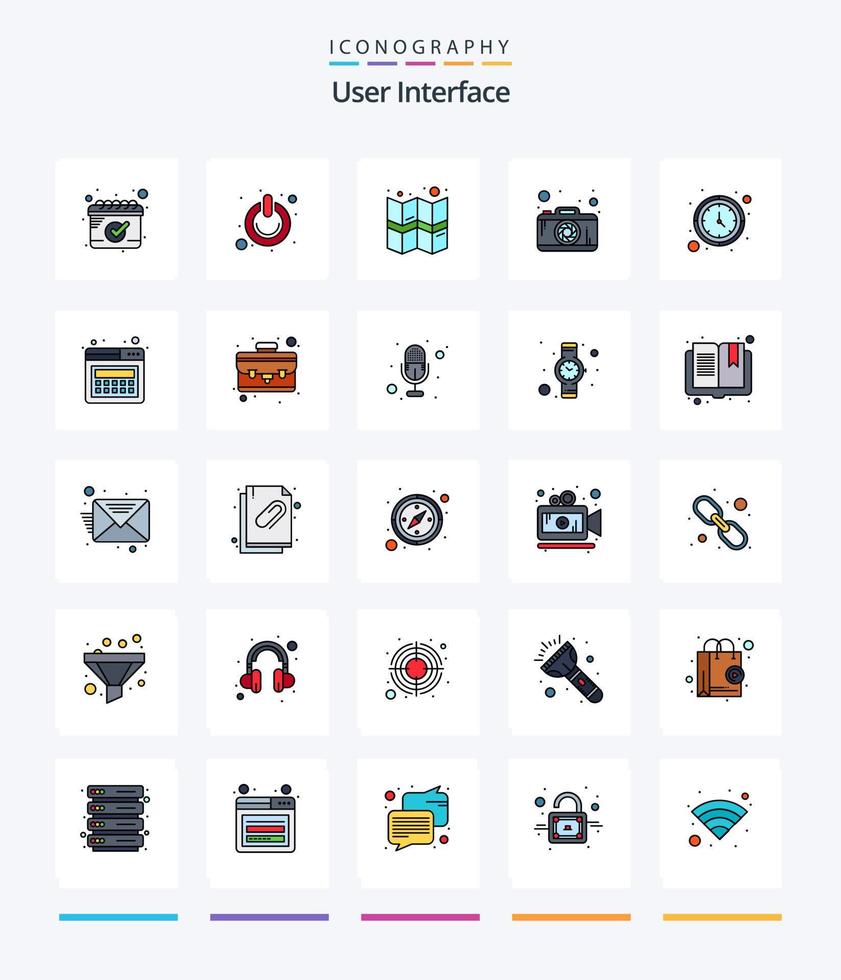 Creative User Interface 25 Line FIlled icon pack  Such As watch. timer. gps. clock. camera vector