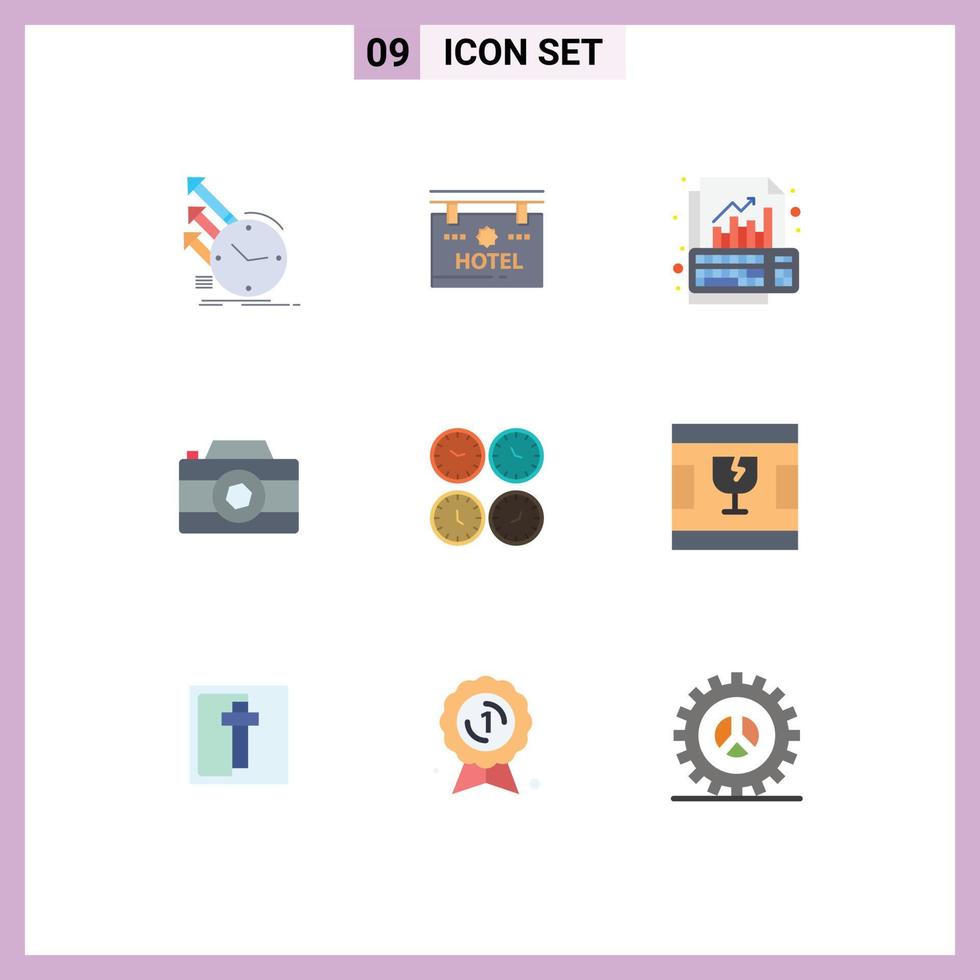 símbolos de iconos universales grupo de 9 colores planos modernos de ubicación de imagen fotográfica crecimiento de cámara elementos de diseño vectorial editables vector