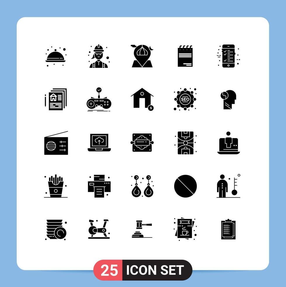 Universal Icon Symbols Group of 25 Modern Solid Glyphs of signature document technician notepad masjid Editable Vector Design Elements