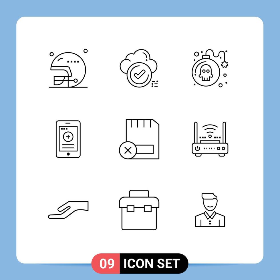 9 Universal Outlines Set for Web and Mobile Applications card phone checklist cell play Editable Vector Design Elements