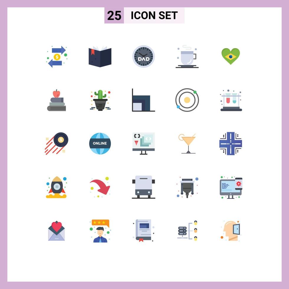 Pack of 25 creative Flat Colors of flag heart clock food drink Editable Vector Design Elements