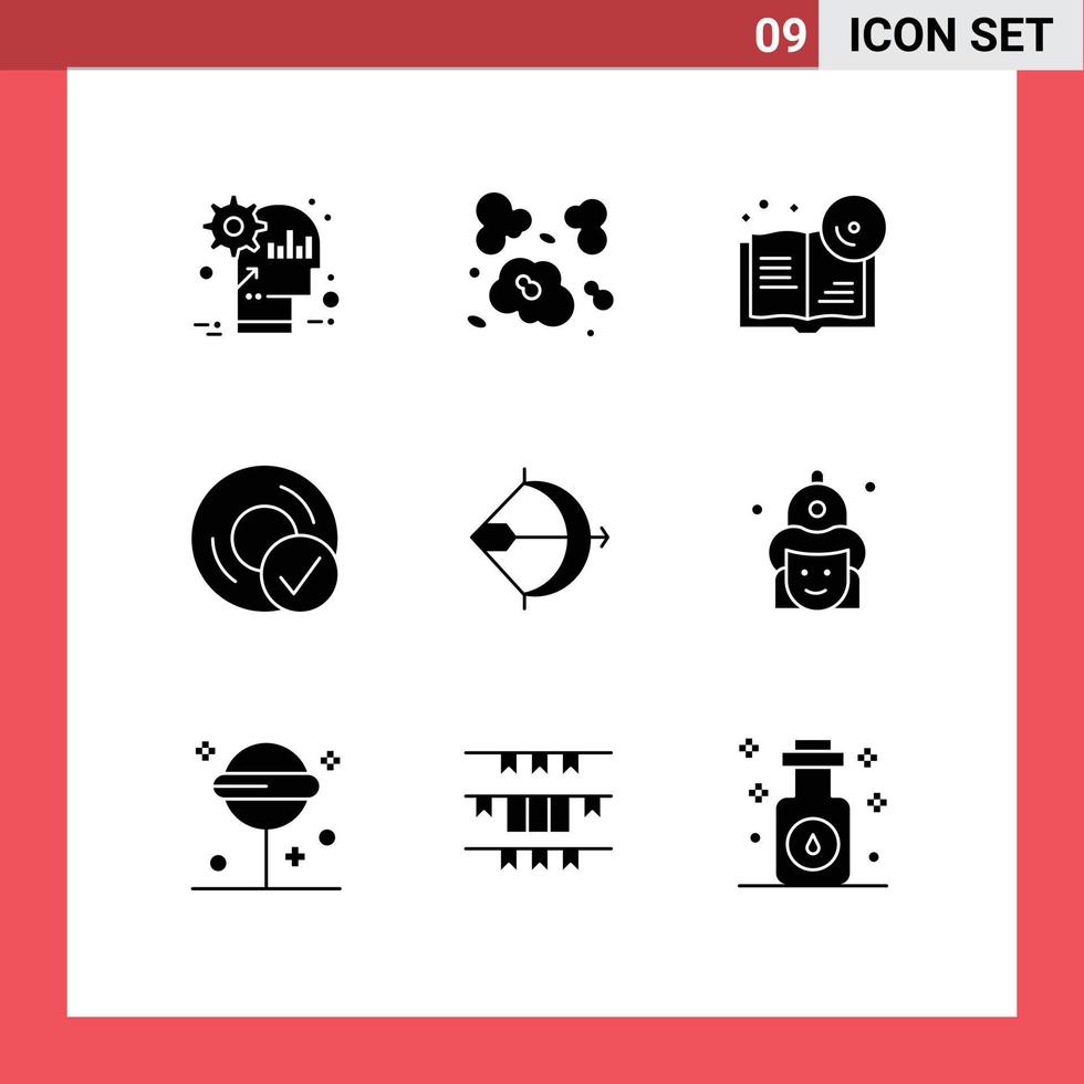 paquete de 9 signos y símbolos de glifos sólidos modernos para medios de impresión web, como dispositivos de dispositivos, contaminación conectada, elementos de diseño de vectores editables de cd