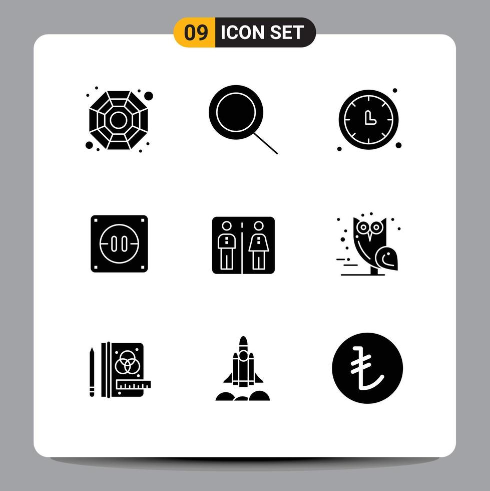 Pack of 9 creative Solid Glyphs of bird machine timer elevator socket Editable Vector Design Elements