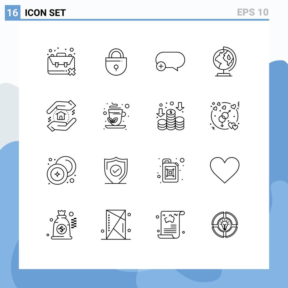 Set of 16 Modern UI Icons Symbols Signs for appraisal worldwide security globe add Editable Vector Design Elements