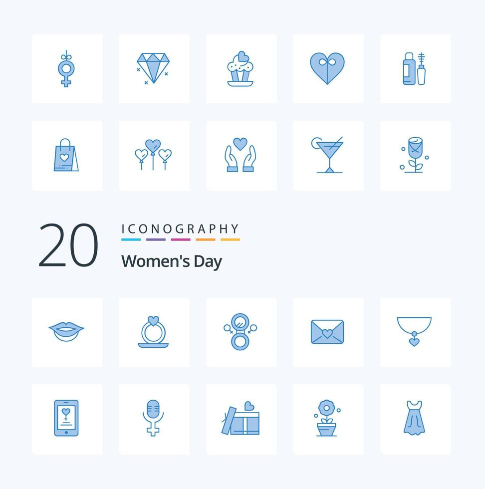 20 Womens Day Blue Color icon Pack like lover mobile mail app heart vector