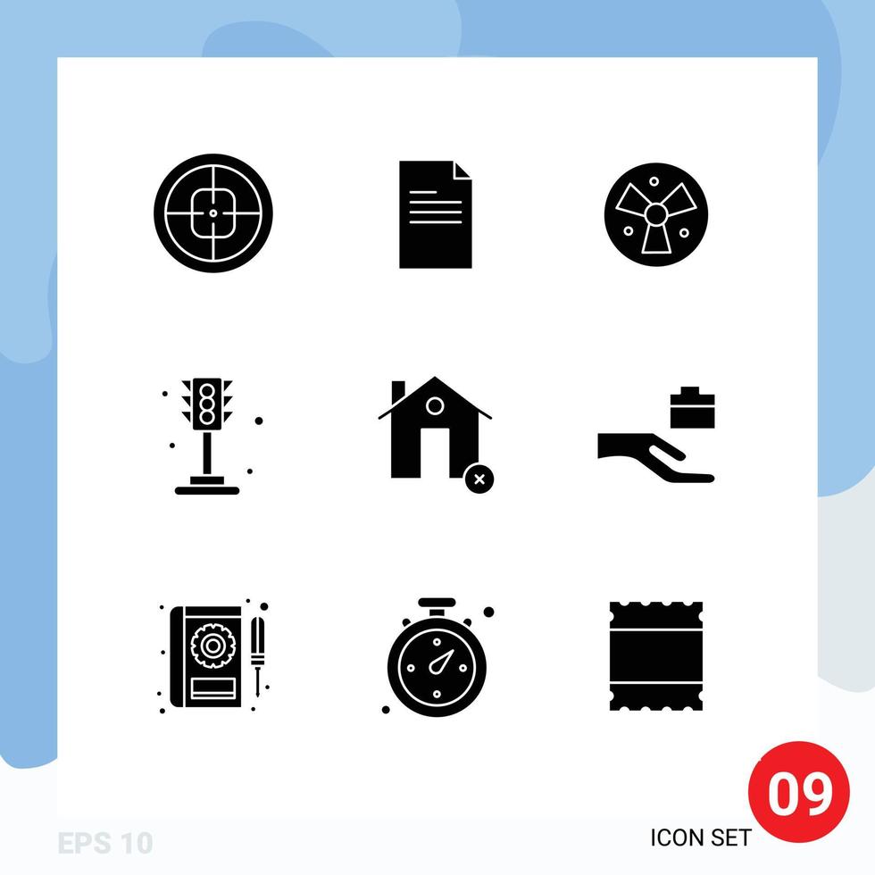 Mobile Interface Solid Glyph Set of 9 Pictograms of buildings traffic report life fan Editable Vector Design Elements