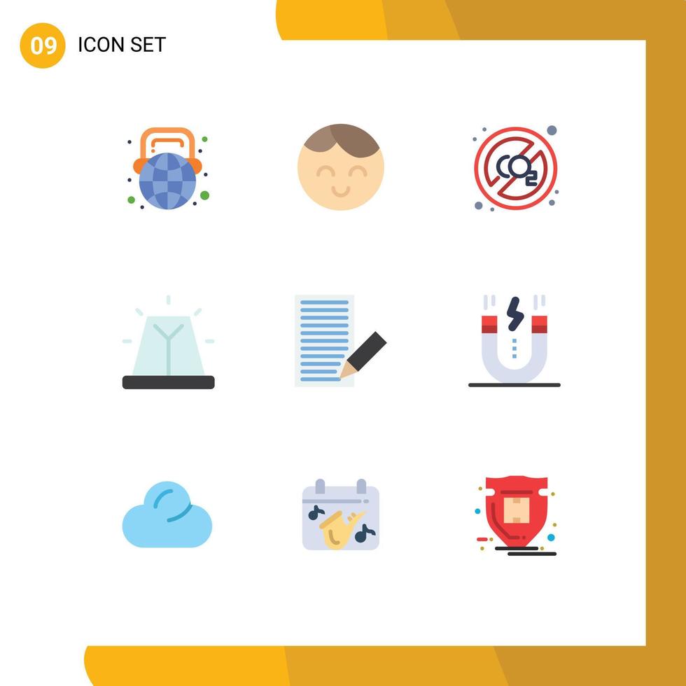 Pack of 9 Modern Flat Colors Signs and Symbols for Web Print Media such as contact siren co emergency alert Editable Vector Design Elements