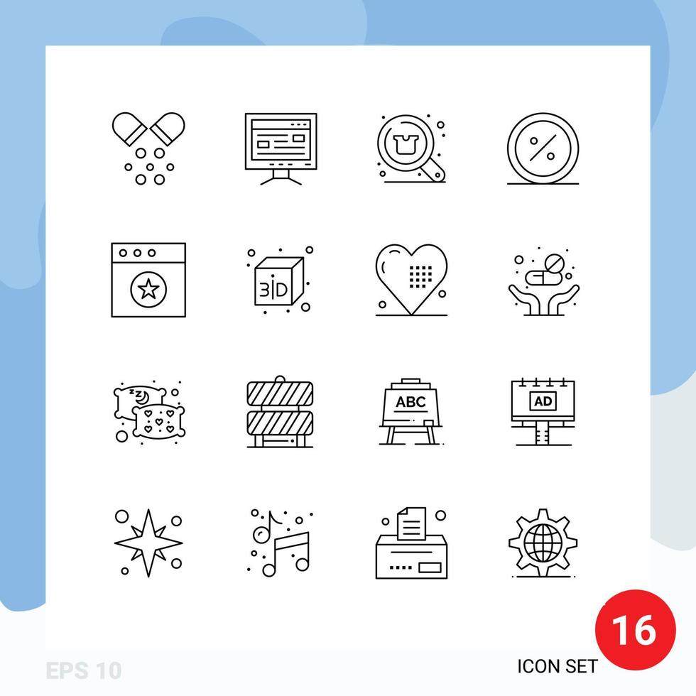 Pack of 16 Modern Outlines Signs and Symbols for Web Print Media such as market e buy discount shopping Editable Vector Design Elements